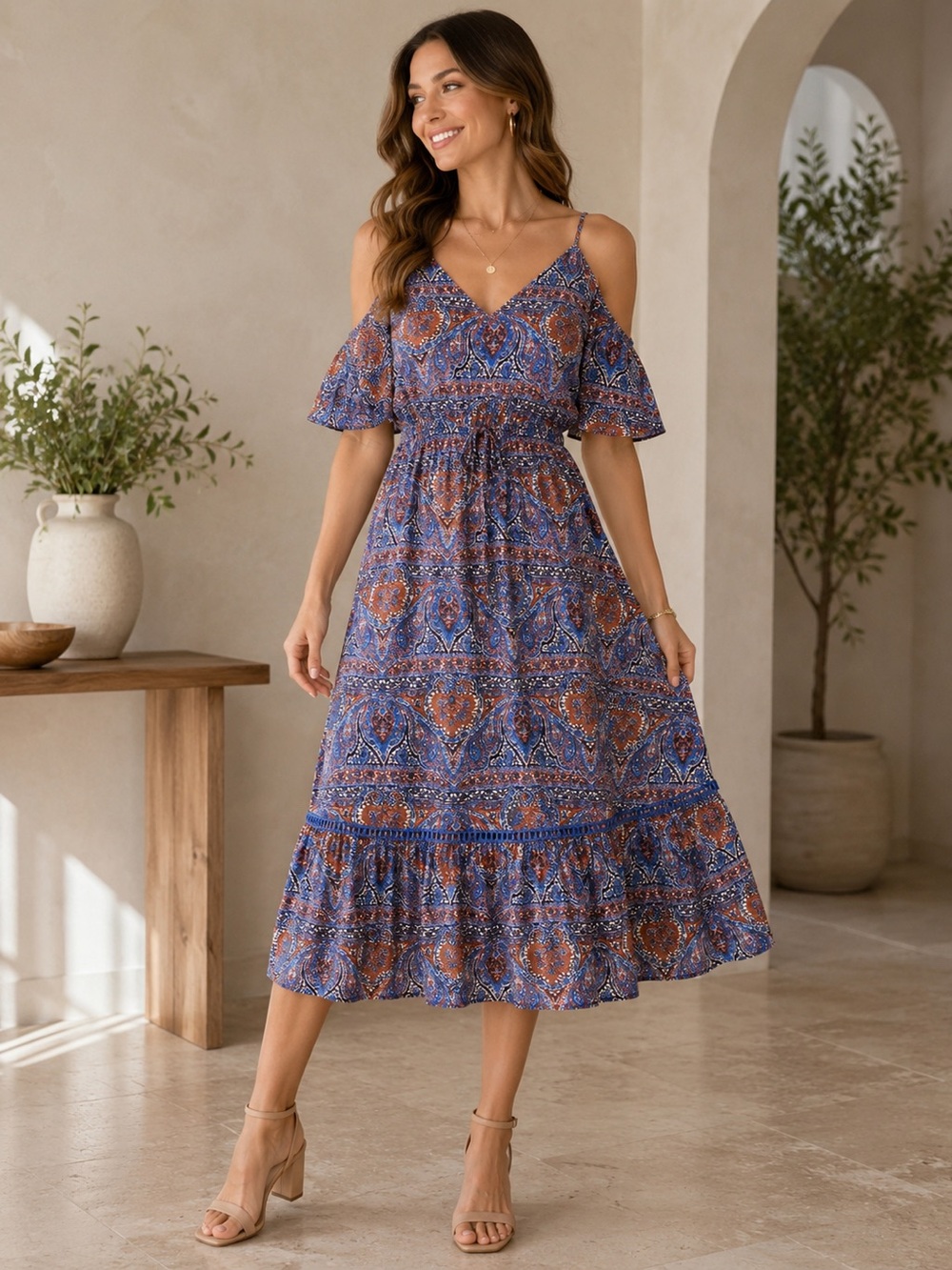 Jack by BB Dakota Blue Paisley Cold-Shoulder Midi Dress